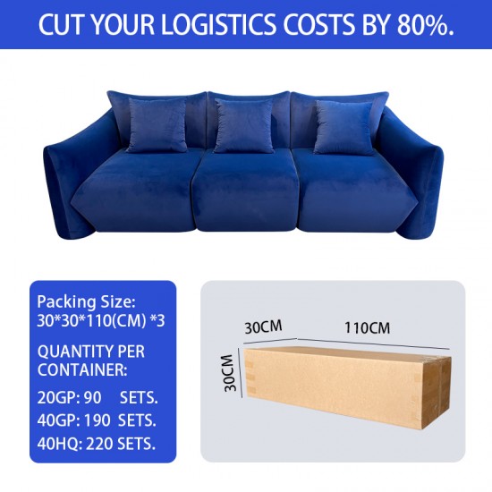 S218-3 OEM Factory Minimalist Blue Fabric 3 Seater Puffy Comfortable Boneless Couch Sponge Filling Compressed Sofa for Living Room